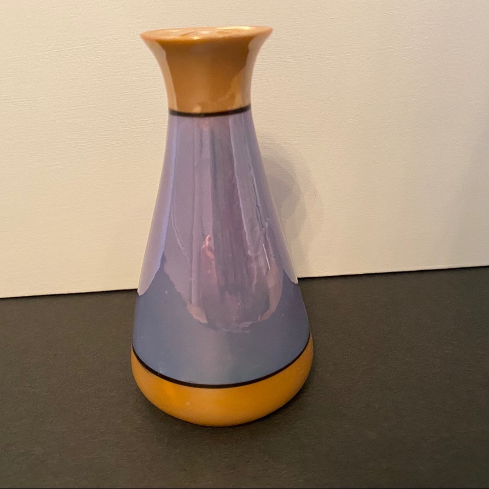 LUSTERWARE BUD VASE JAPAN BLUE GOLD BLACK VINTAGE GLASS HOME ACCENT 5” - Picture 1 of 8